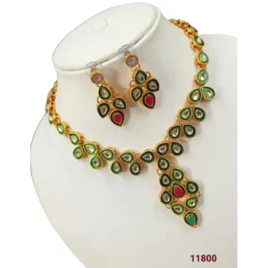 Gold Plated Kundan Stone Necklace Set - Pink & Green