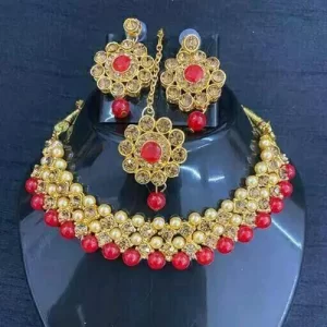 Austrian Stone & Beads Gold Plated Necklace Set - Red