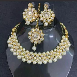 Austrian Stone & Beads Gold Plated Necklace Set - White