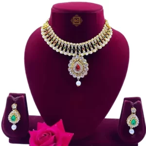 Gold Plated Austrian Stone Choker Necklace Set - Green & Pink