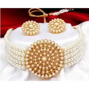 Gold Plated Pearl & Beads Choker Necklace Set - White