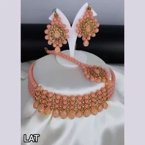 Crystal Stone Gold Plated Necklace Set - Peach