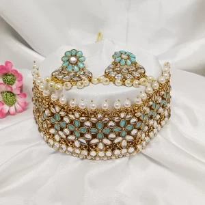 Kundan Stone Gold Plated Necklace Set - Light Blue