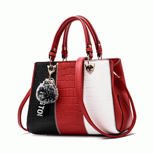 Leather Handbag, contrast color with fur ball