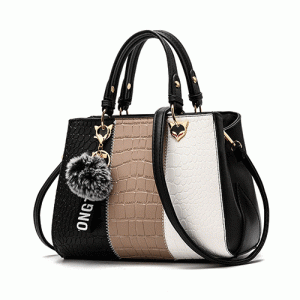Leather Handbag, contrast color with fur ball (Black)