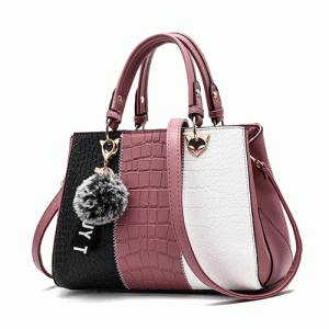 Leather Handbag, contrast color & with fur ball (Pink)
