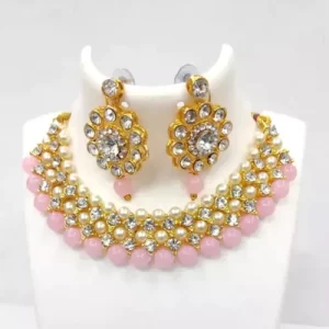 Gold Plated Austrian Stone & Beads Necklace Set - Light Pink
